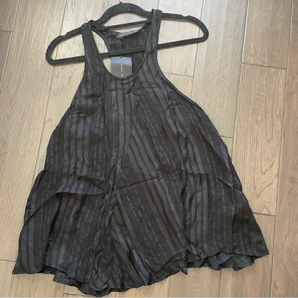 Zara Woman Racer Back Sleeveless Tunic Black Textured Stripes